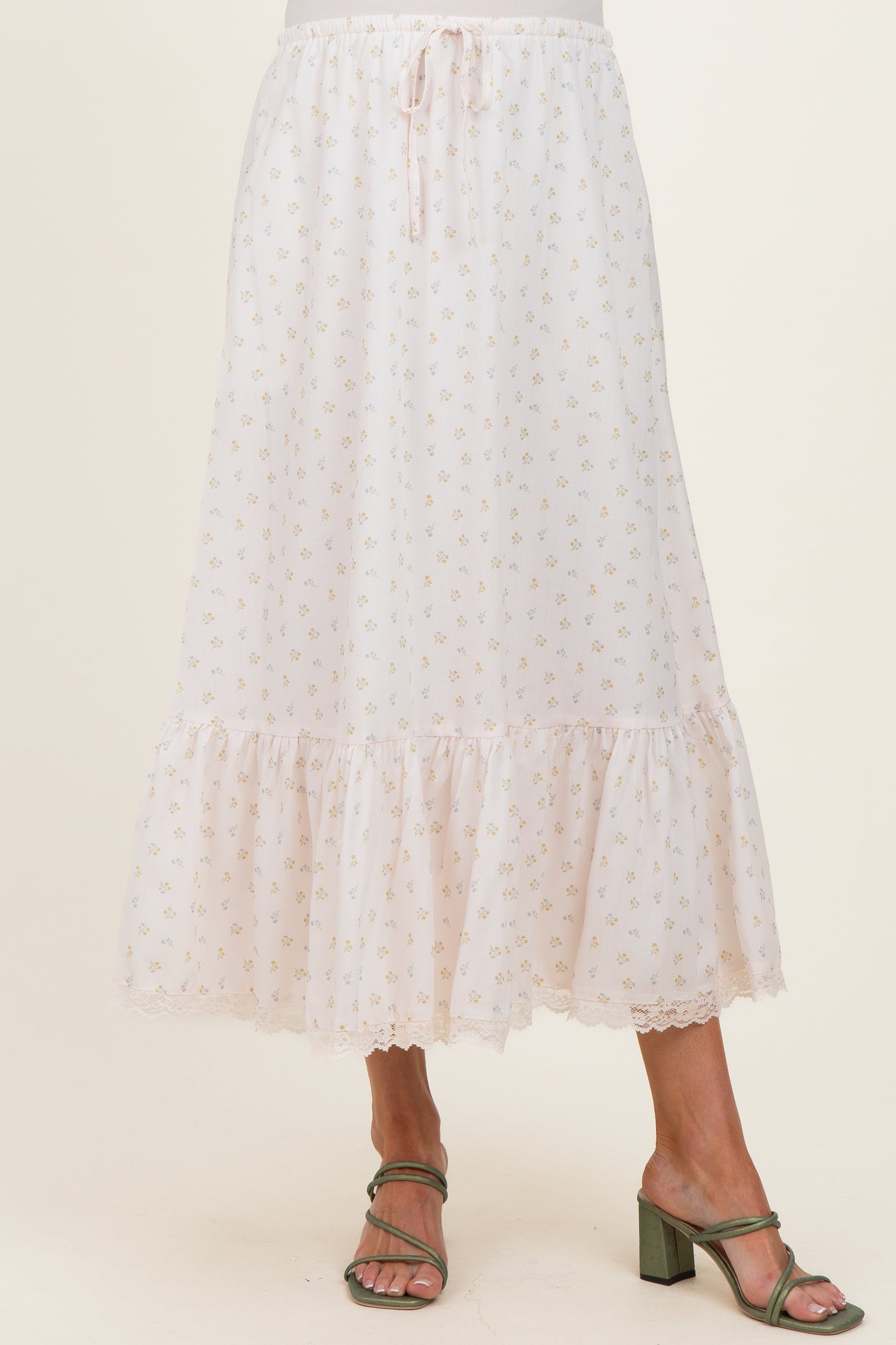Ivory Print Lace Trim Maternity Midi Skirt