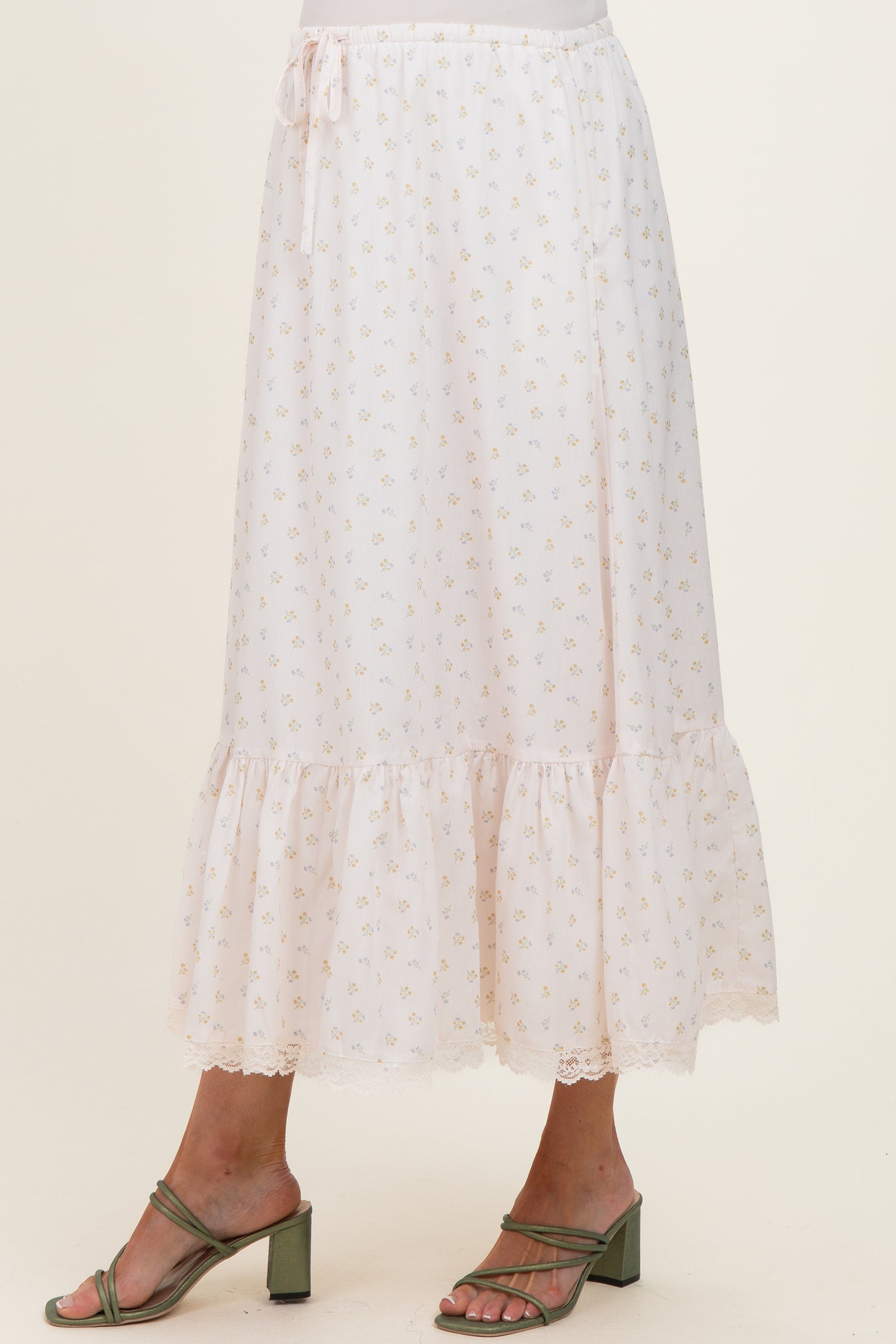 Ivory Print Lace Trim Maternity Midi Skirt