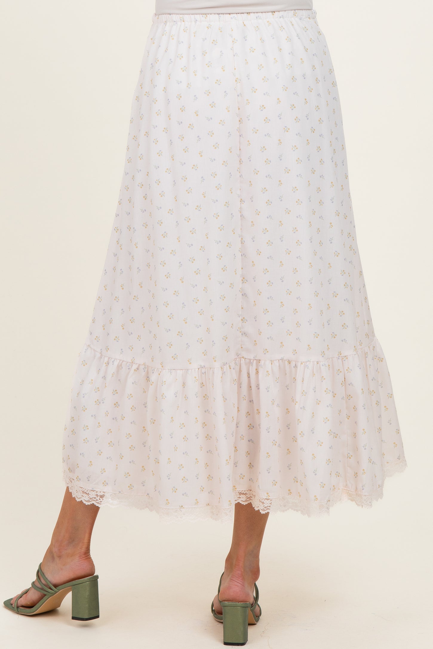 Ivory Print Lace Trim Maternity Midi Skirt