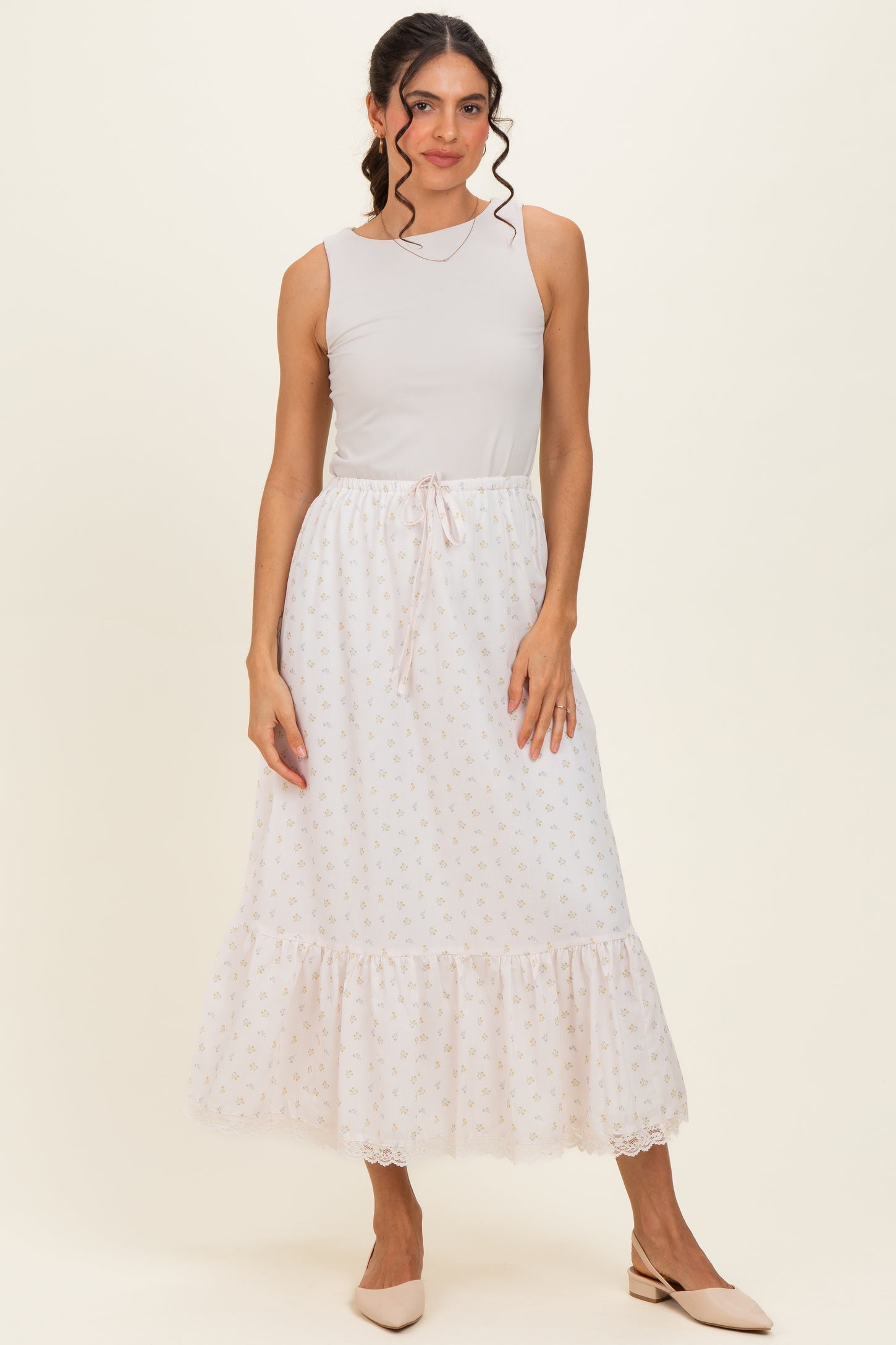 Ivory Print Lace Trim Maternity Midi Skirt