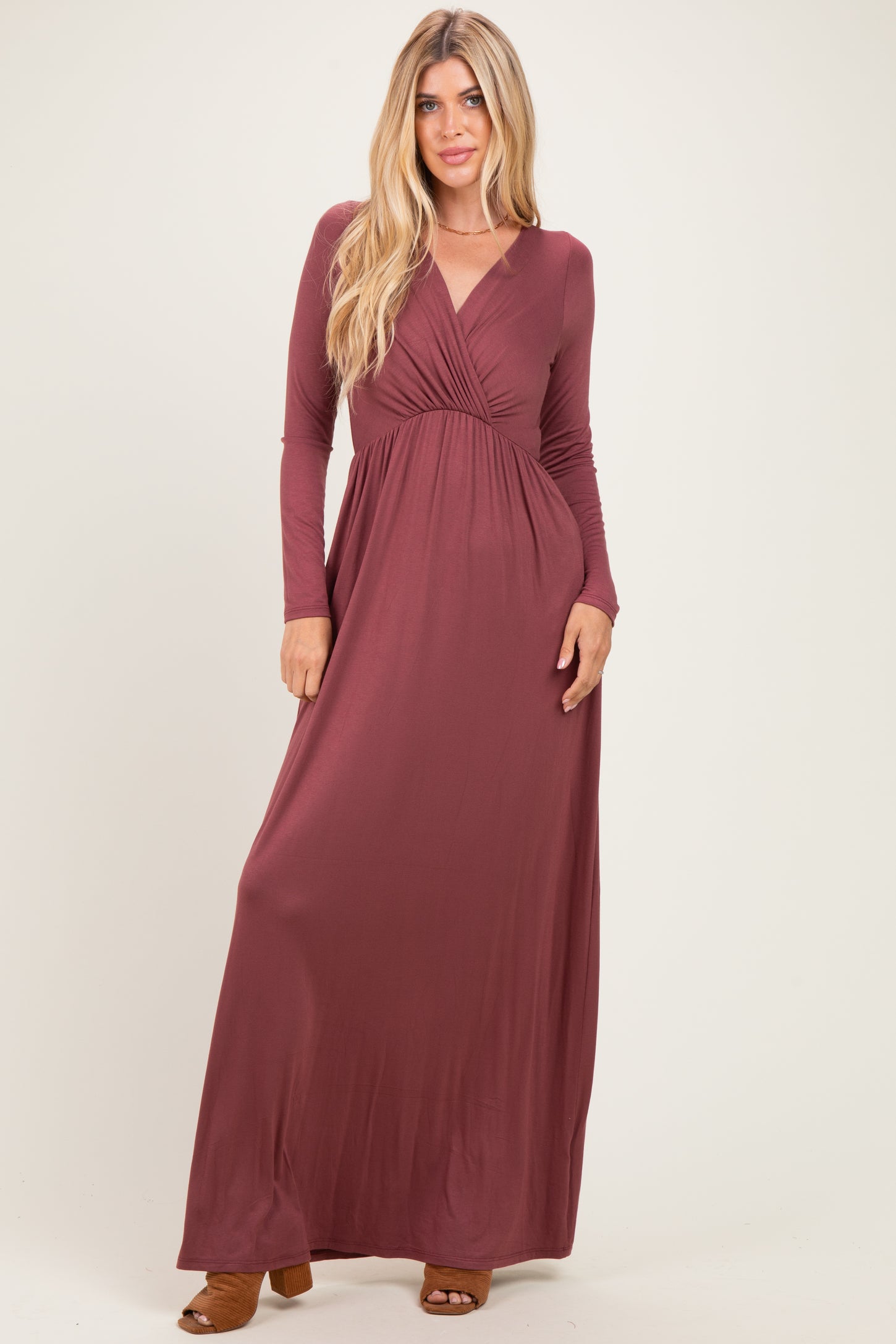 Burgundy Long Sleeve Maternity Nursing Maxi Dress