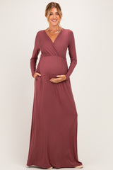 Burgundy Long Sleeve Maternity Nursing Maxi Dress