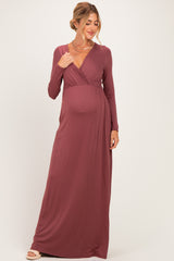 Burgundy Long Sleeve Maternity Nursing Maxi Dress