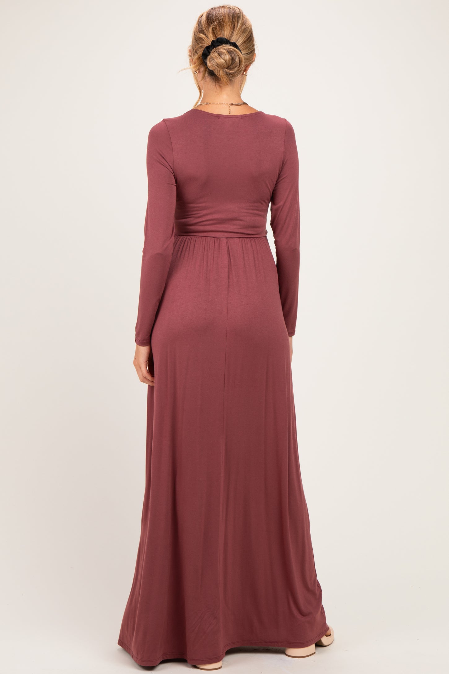 Burgundy Long Sleeve Maternity Nursing Maxi Dress