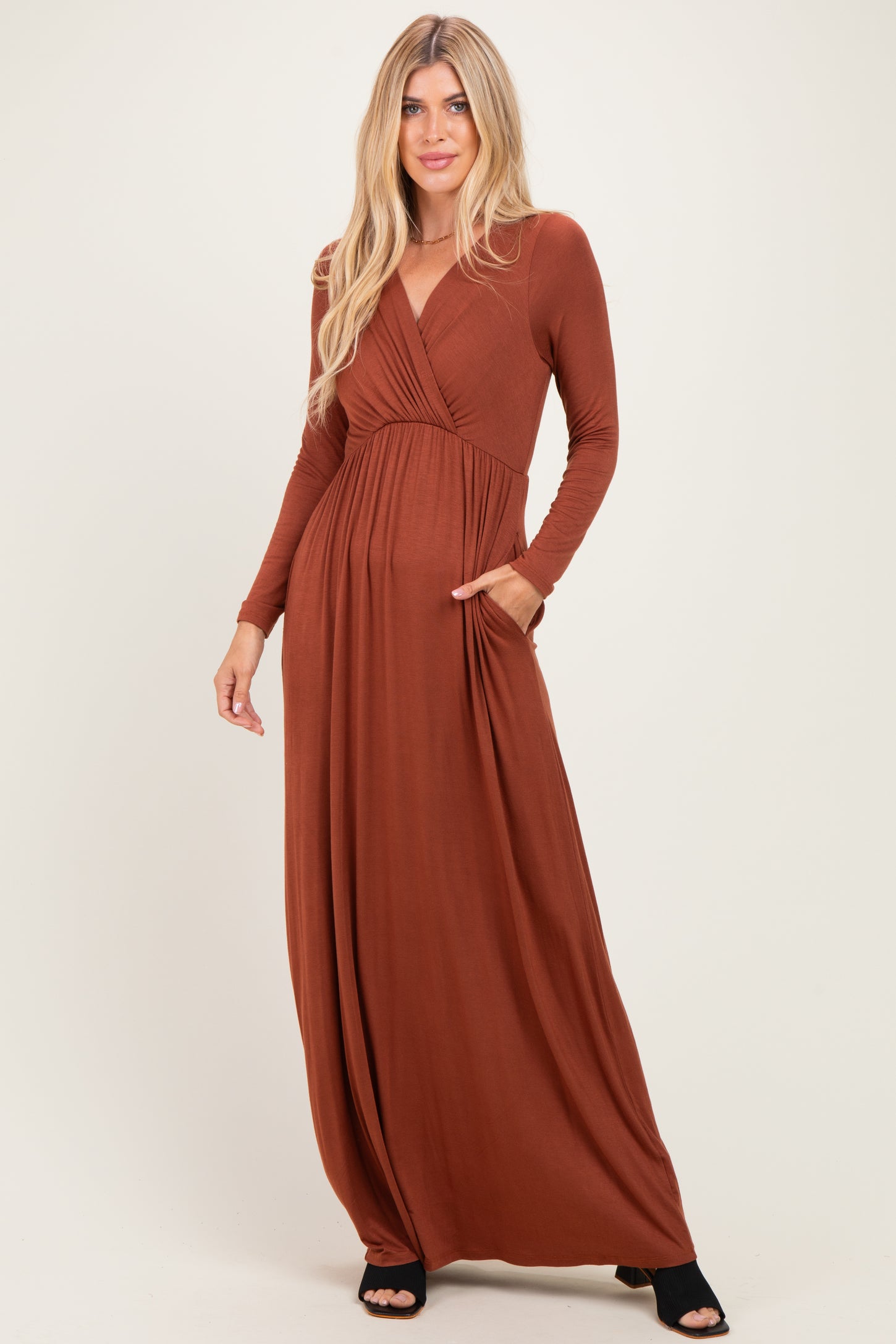 Rust Long Sleeve Maternity Nursing Maxi Dress