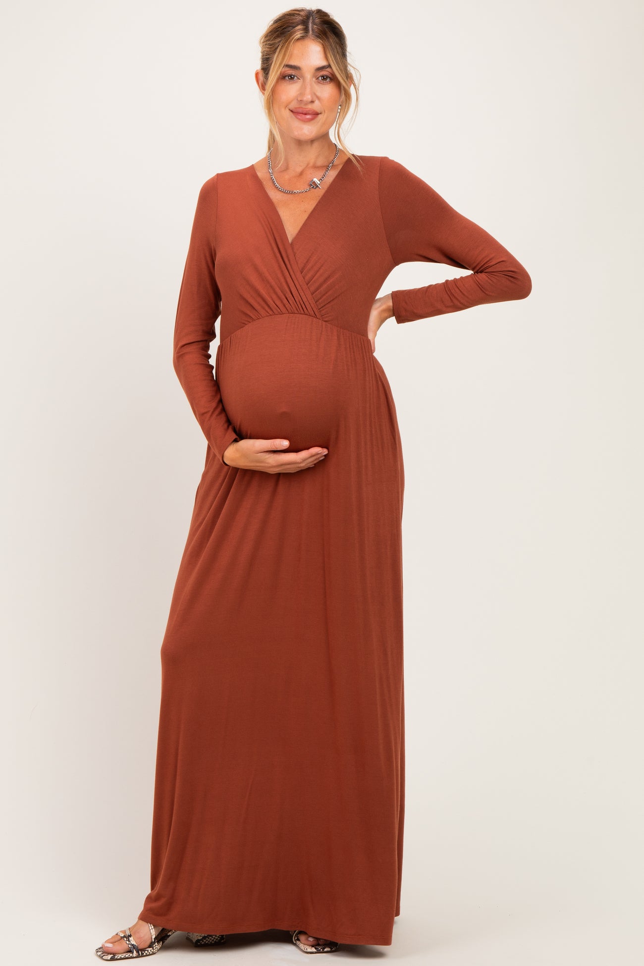 Rust Long Sleeve Maternity Nursing Maxi Dress