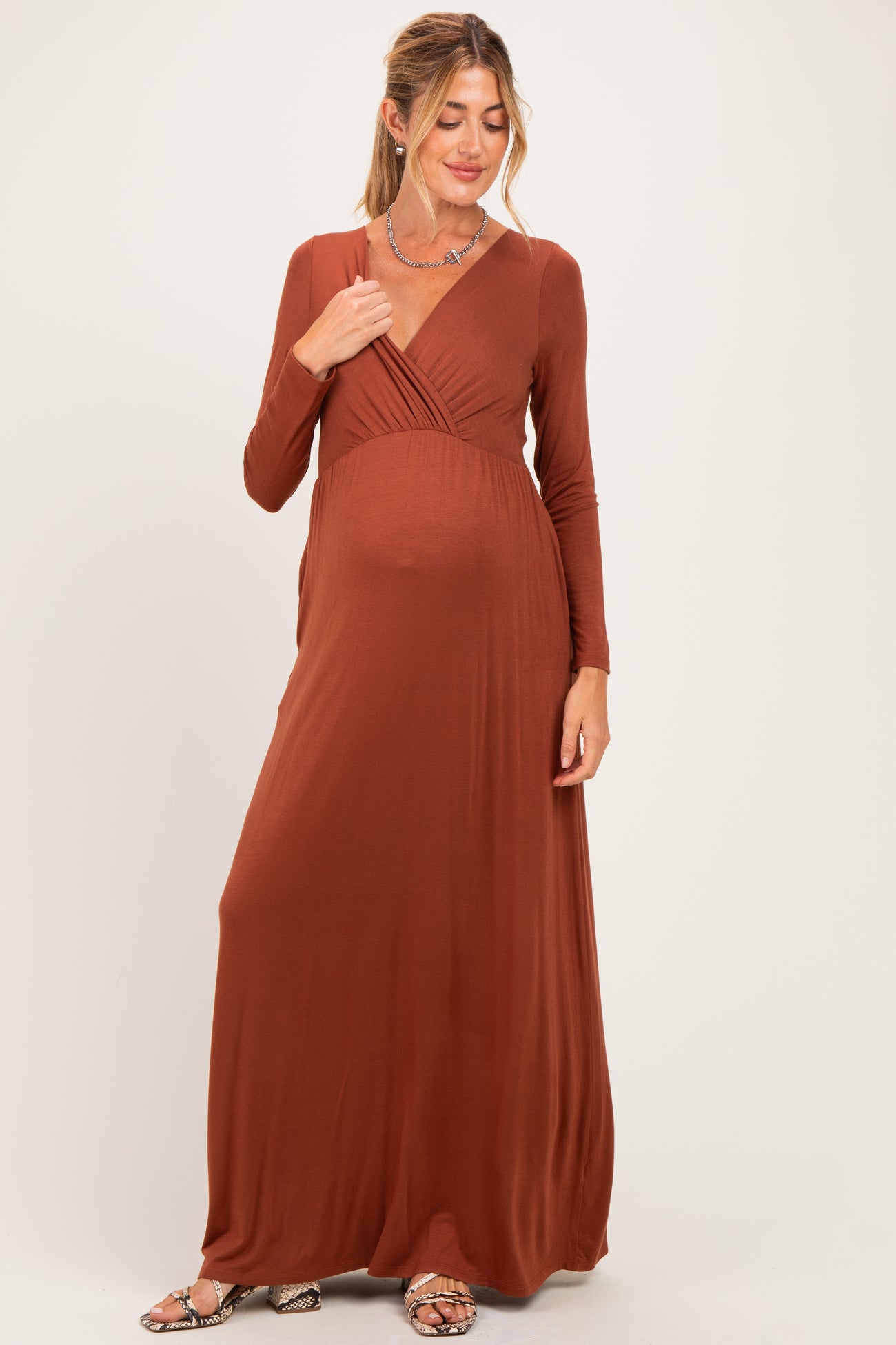 Rust Long Sleeve Maternity Nursing Maxi Dress