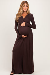Brown Long Sleeve Maternity Nursing Maxi Dress
