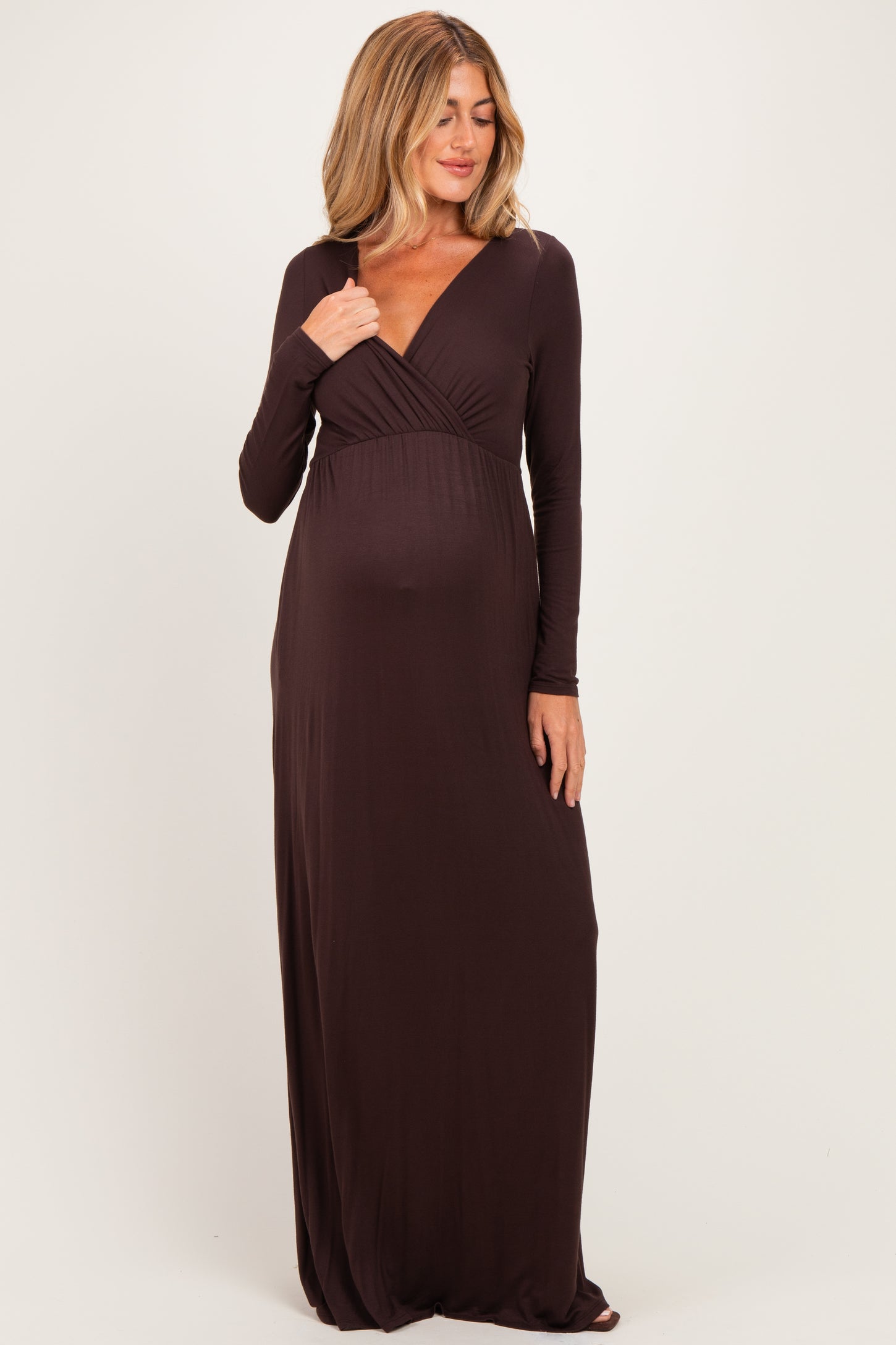Brown Long Sleeve Maternity Nursing Maxi Dress