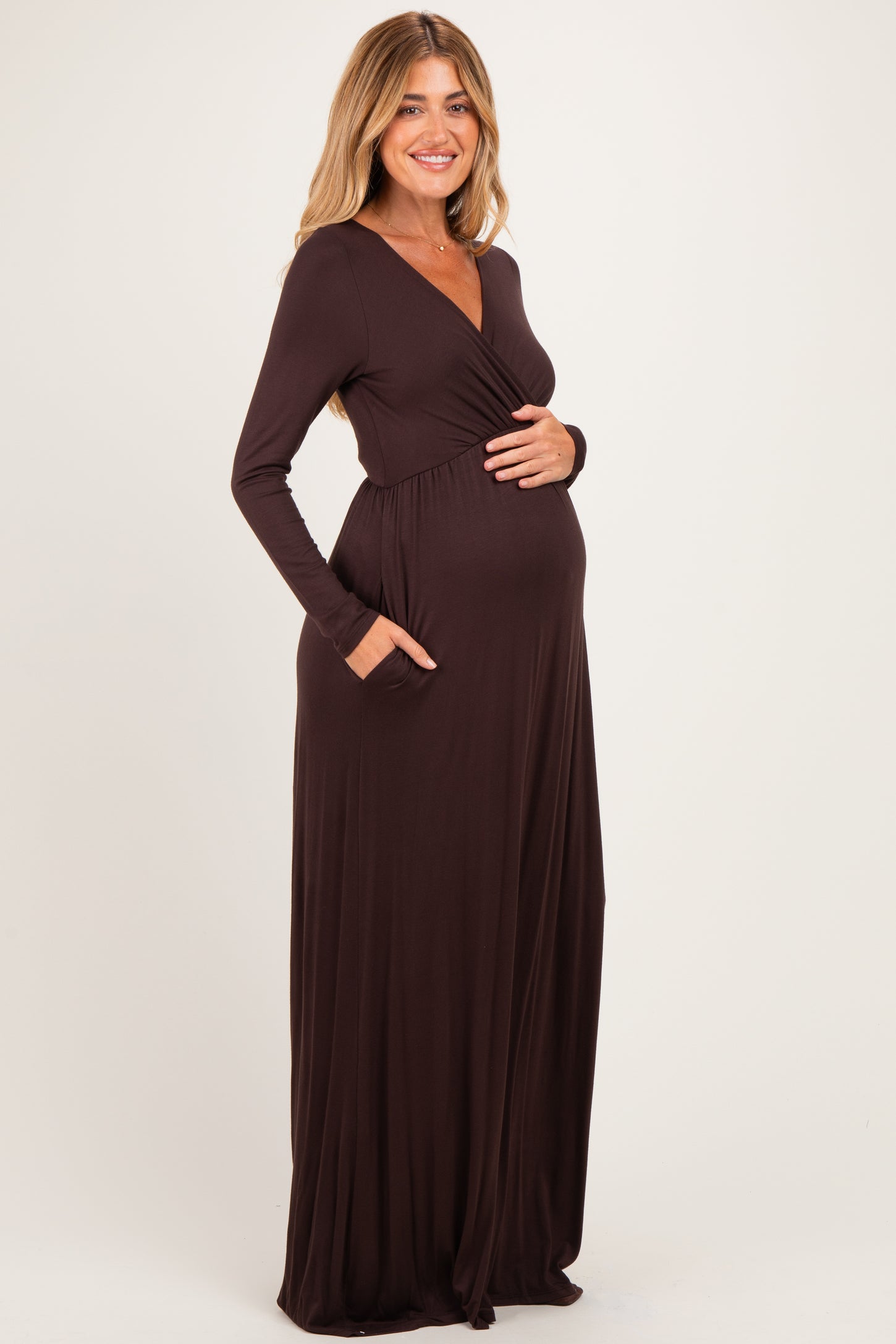 Brown Long Sleeve Maternity Nursing Maxi Dress