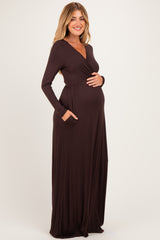 Brown Long Sleeve Maternity Nursing Maxi Dress