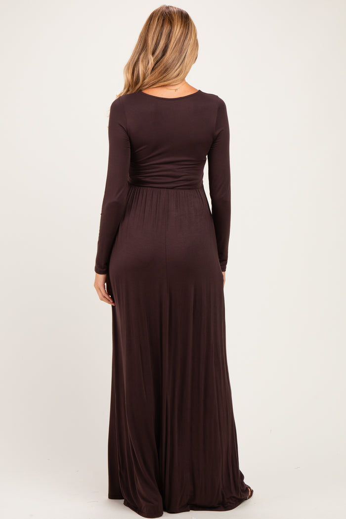 woman wearing a chocolate brown long sleeve maternity maxi dress seen from the back