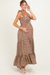 Mocha Floral Shoulder Tie Maternity Maxi Dress