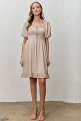 Light Taupe Printed Smocked Ruffle Accent Maternity Dress