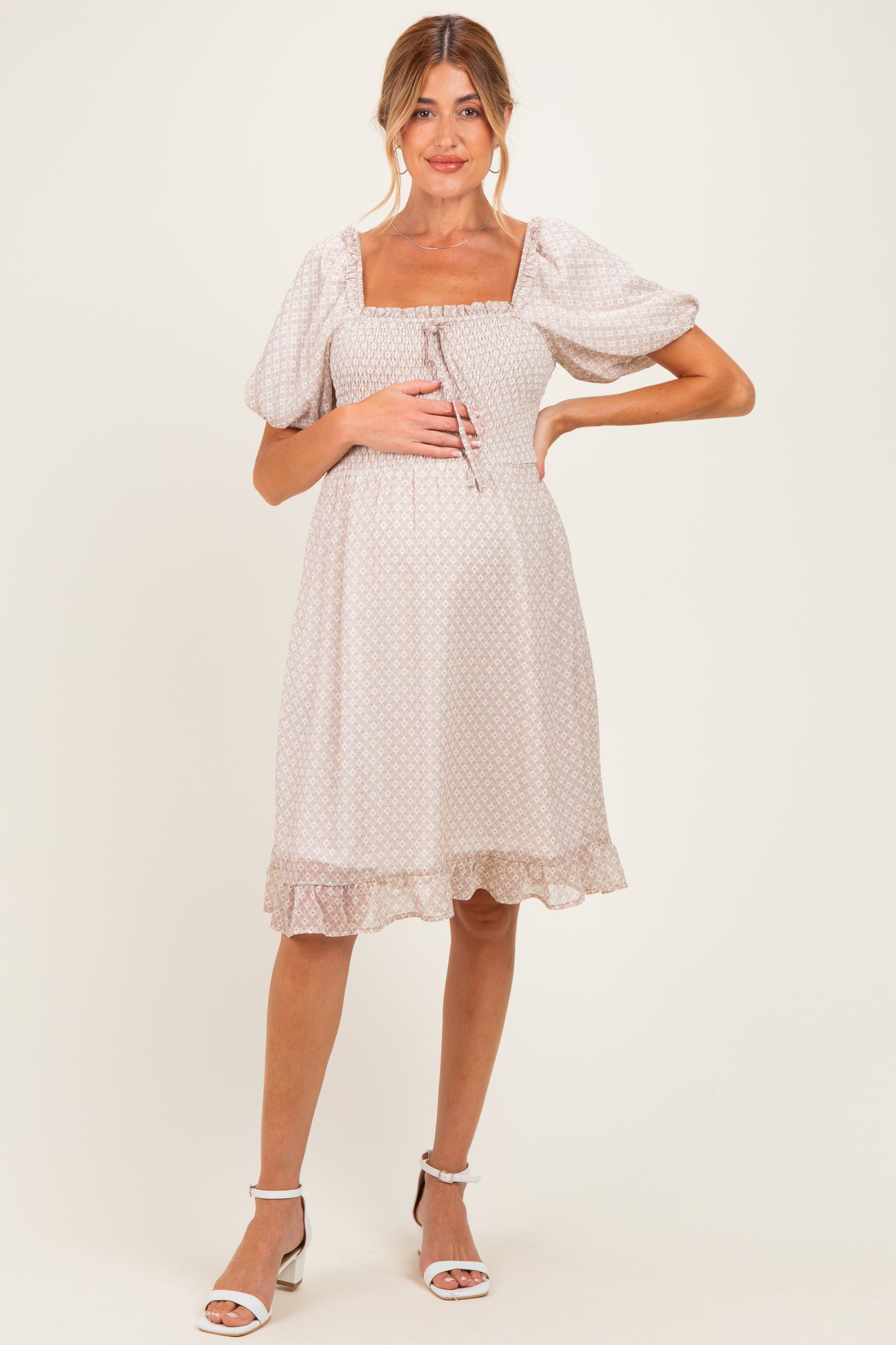 Light Taupe Printed Smocked Ruffle Accent Maternity Dress