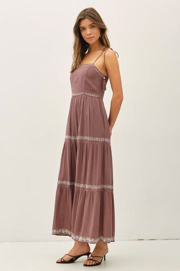 Brown Embroidered Tiered Maxi Dress