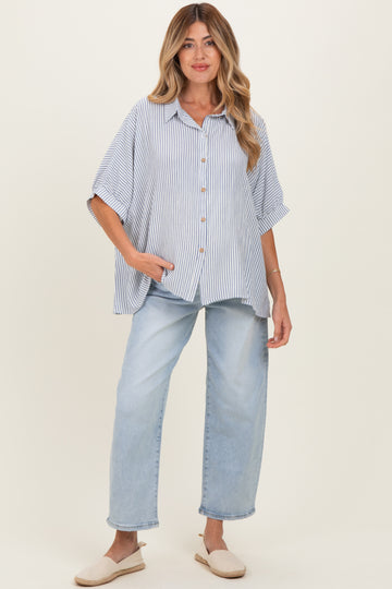 Blue Striped Boxy Button Down Maternity Top