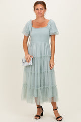 Sage Tulle Tulle Puff Sleeve Smocked Midi Dress