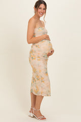 Yellow Floral Mesh Ruched Strapless Maternity Midi Dress