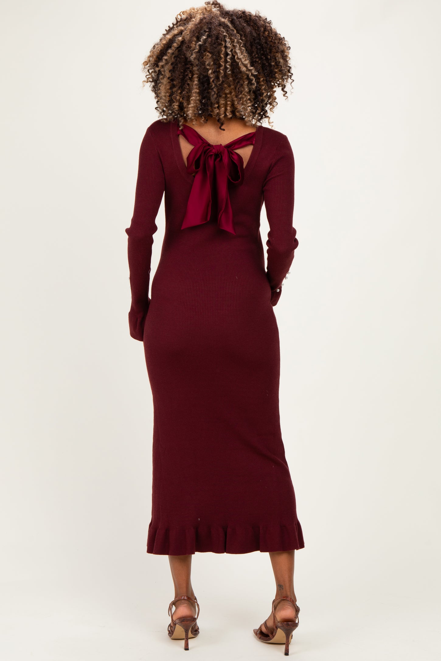 Burgundy Ribbed Knit Bow Back Maternity Maxi Dress
