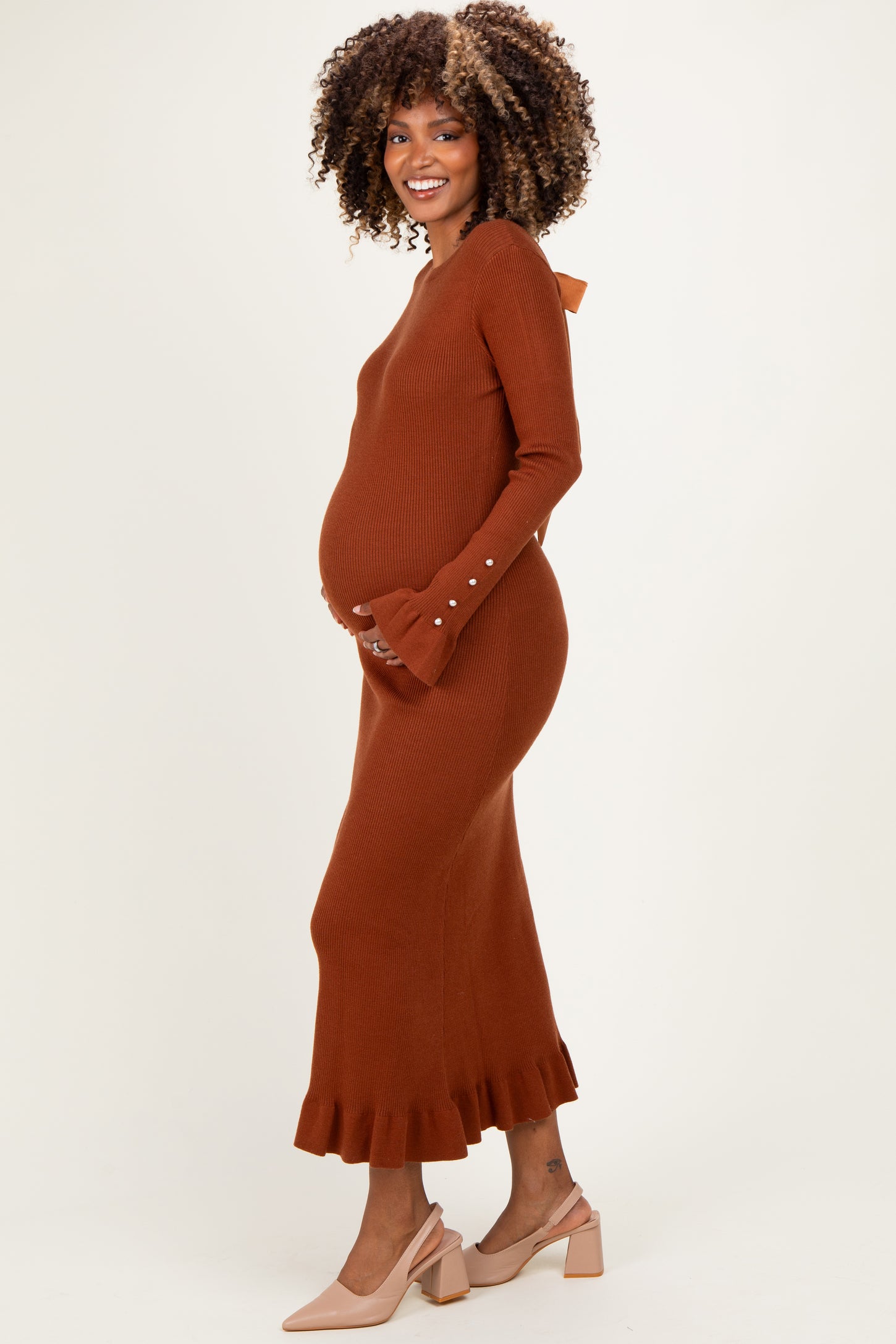 Chestnut Ribbed Knit Bow Back Maternity Maxi Dress