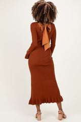 Chestnut Ribbed Knit Bow Back Maternity Maxi Dress