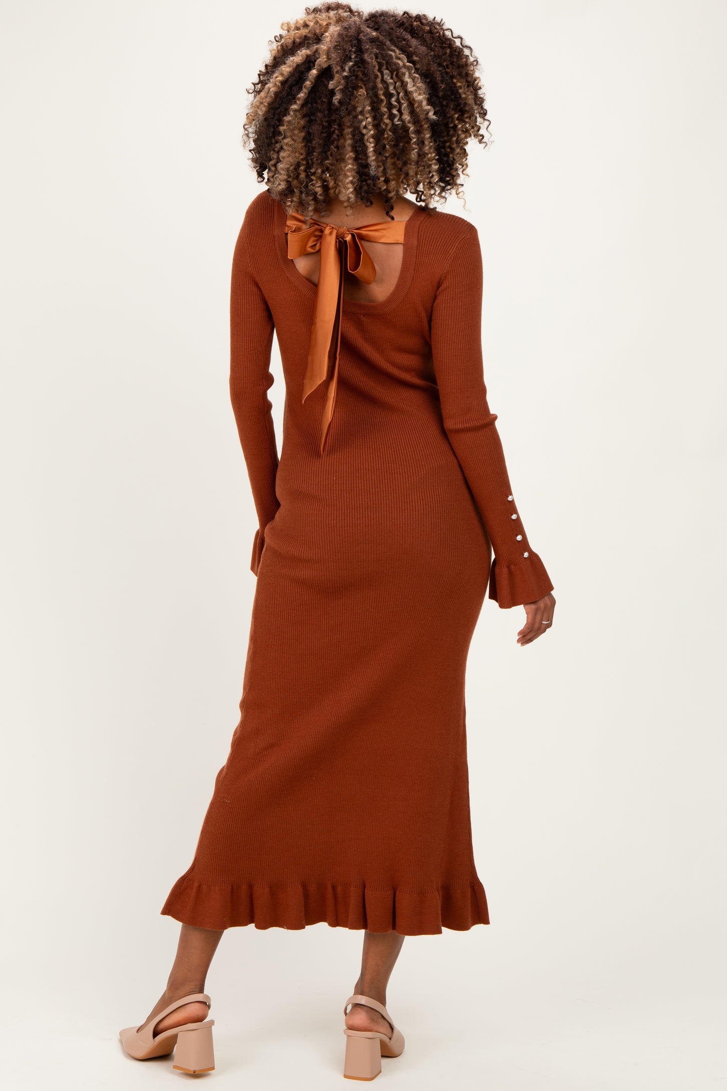 Chestnut Ribbed Knit Bow Back Maternity Maxi Dress
