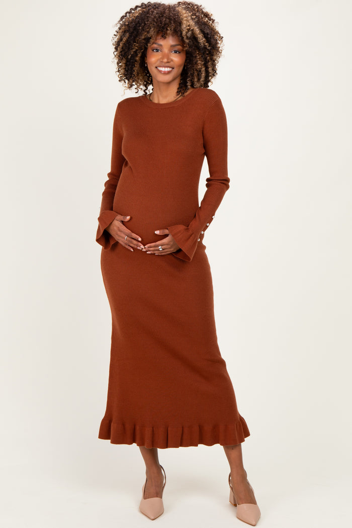 Chestnut Ribbed Knit Bow Back Maternity Maxi Dress