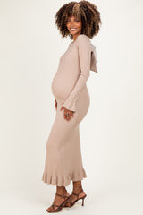 Sand Ribbed Knit Bow Back Maternity Maxi Dress