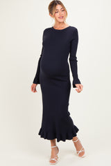Navy Ribbed Knit Bow Back Maternity Maxi Dress