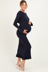 Navy Ribbed Knit Bow Back Maternity Maxi Dress