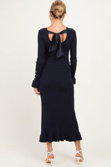 Navy Ribbed Knit Bow Back Maternity Maxi Dress