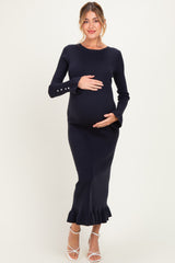 Navy Ribbed Knit Bow Back Maternity Maxi Dress