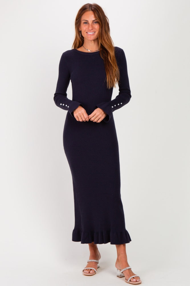 Navy Ribbed Knit Bow Back Maternity Maxi Dress