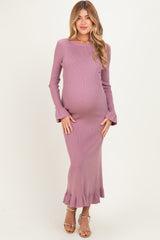 Mauve Ribbed Knit Bow Back Maternity Maxi Dress