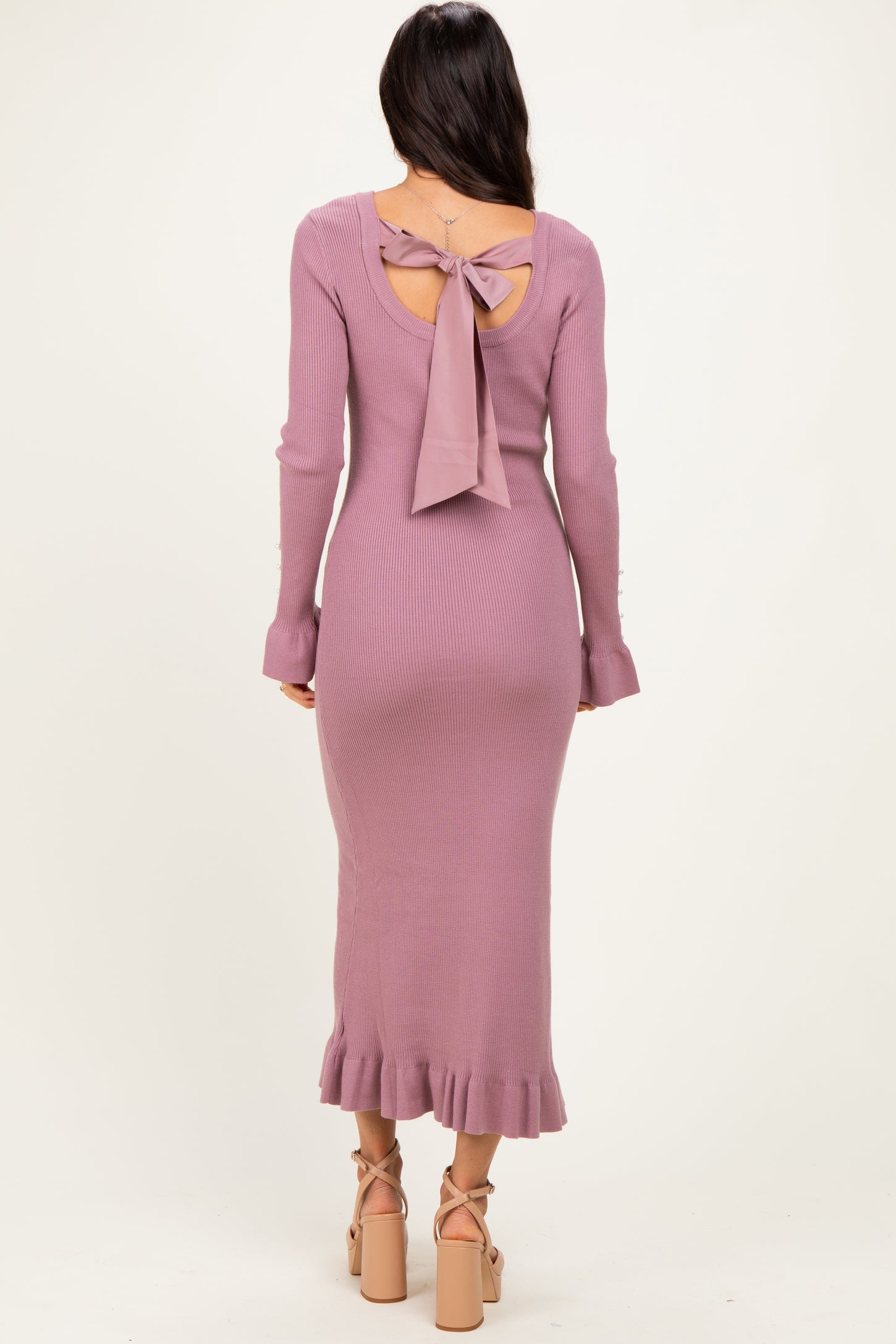 Mauve Ribbed Knit Bow Back Maxi Dress
