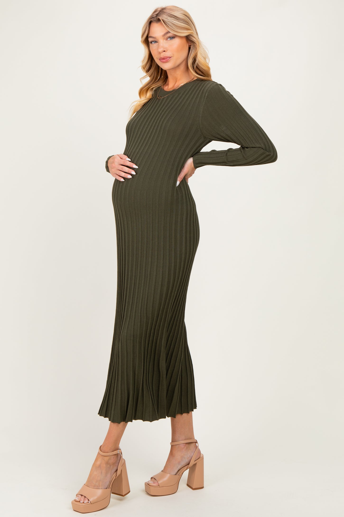 Olive Ribbed Long Sleeve Maternity Sweater Midi Dress
