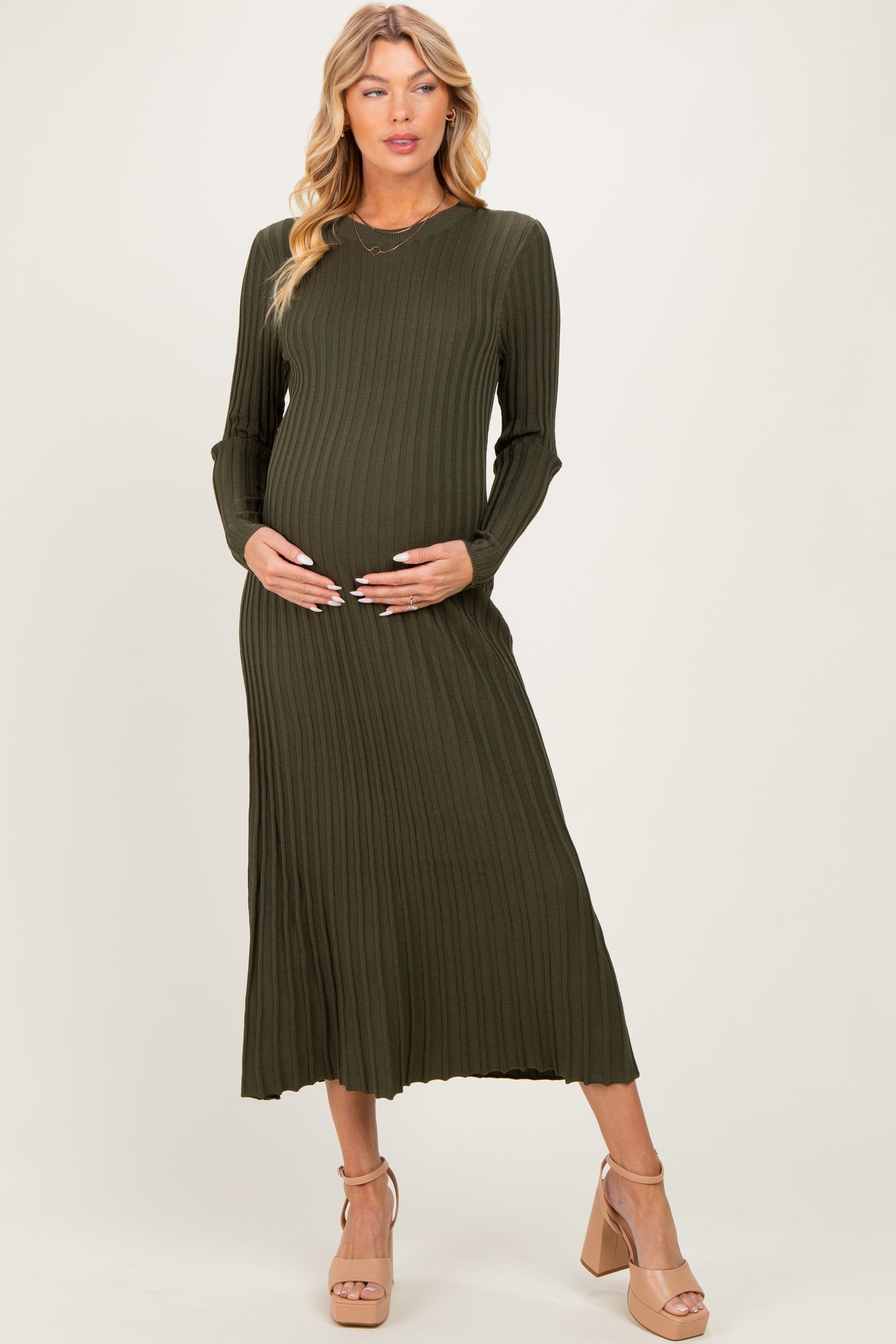 Olive Ribbed Long Sleeve Maternity Sweater Midi Dress