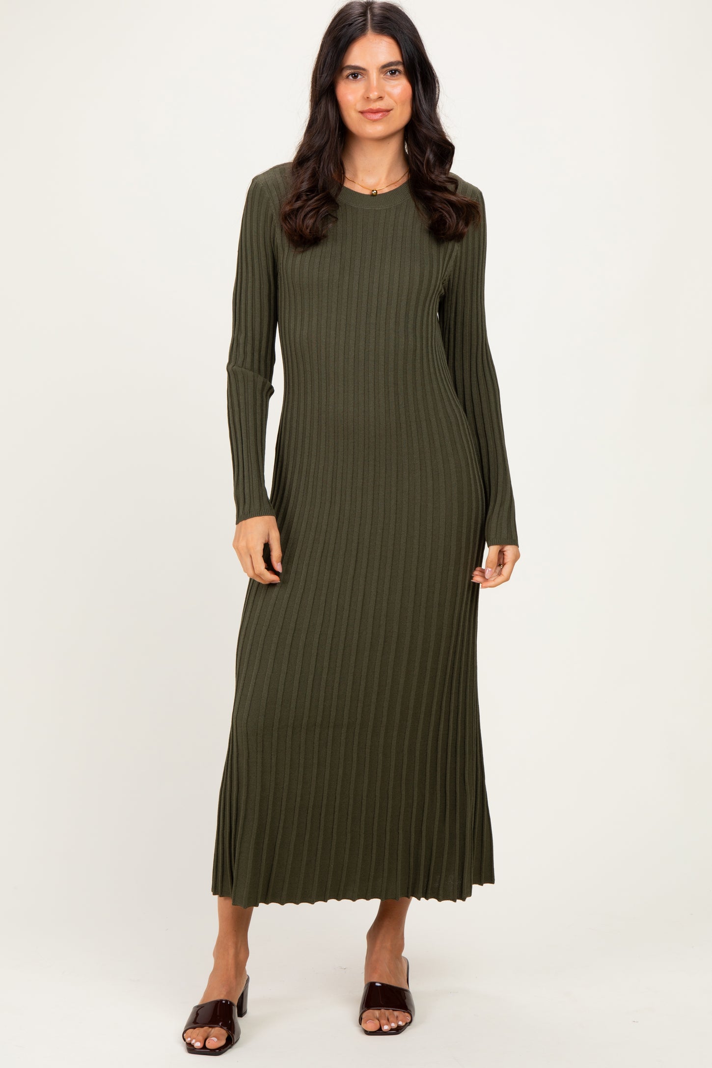Olive Ribbed Long Sleeve Maternity Sweater Midi Dress