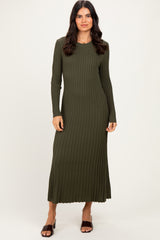 Olive Ribbed Long Sleeve Maternity Sweater Midi Dress