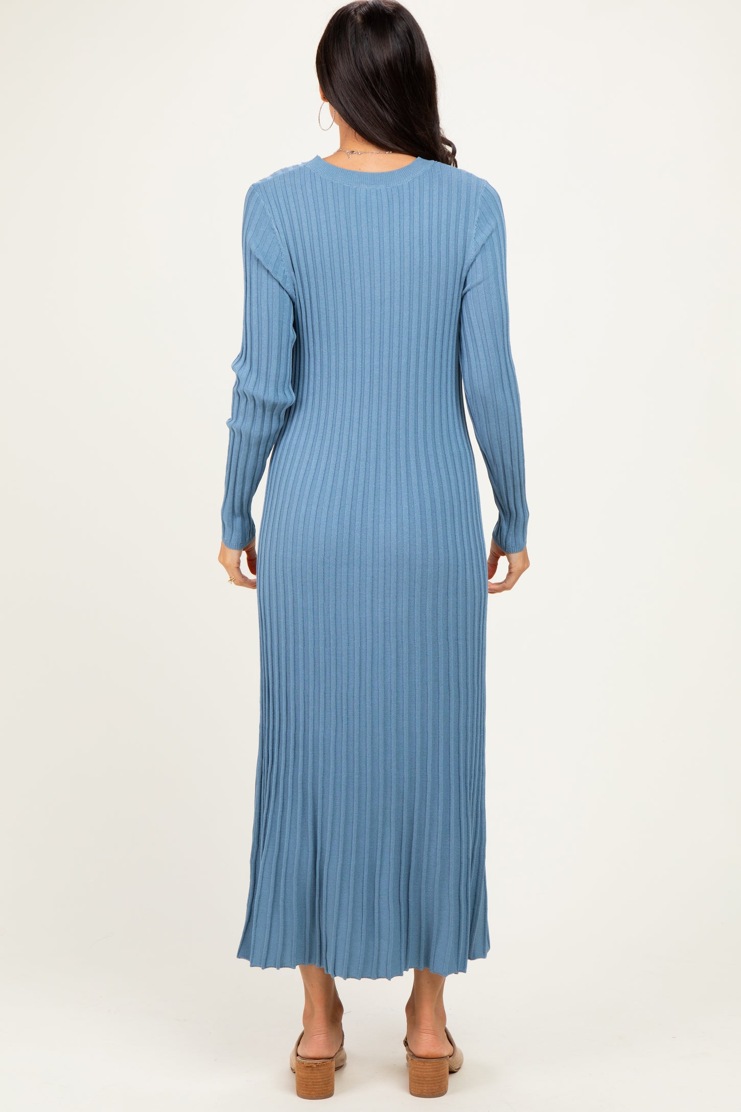 Denim Blue Ribbed Long Sleeve Sweater Midi Dress