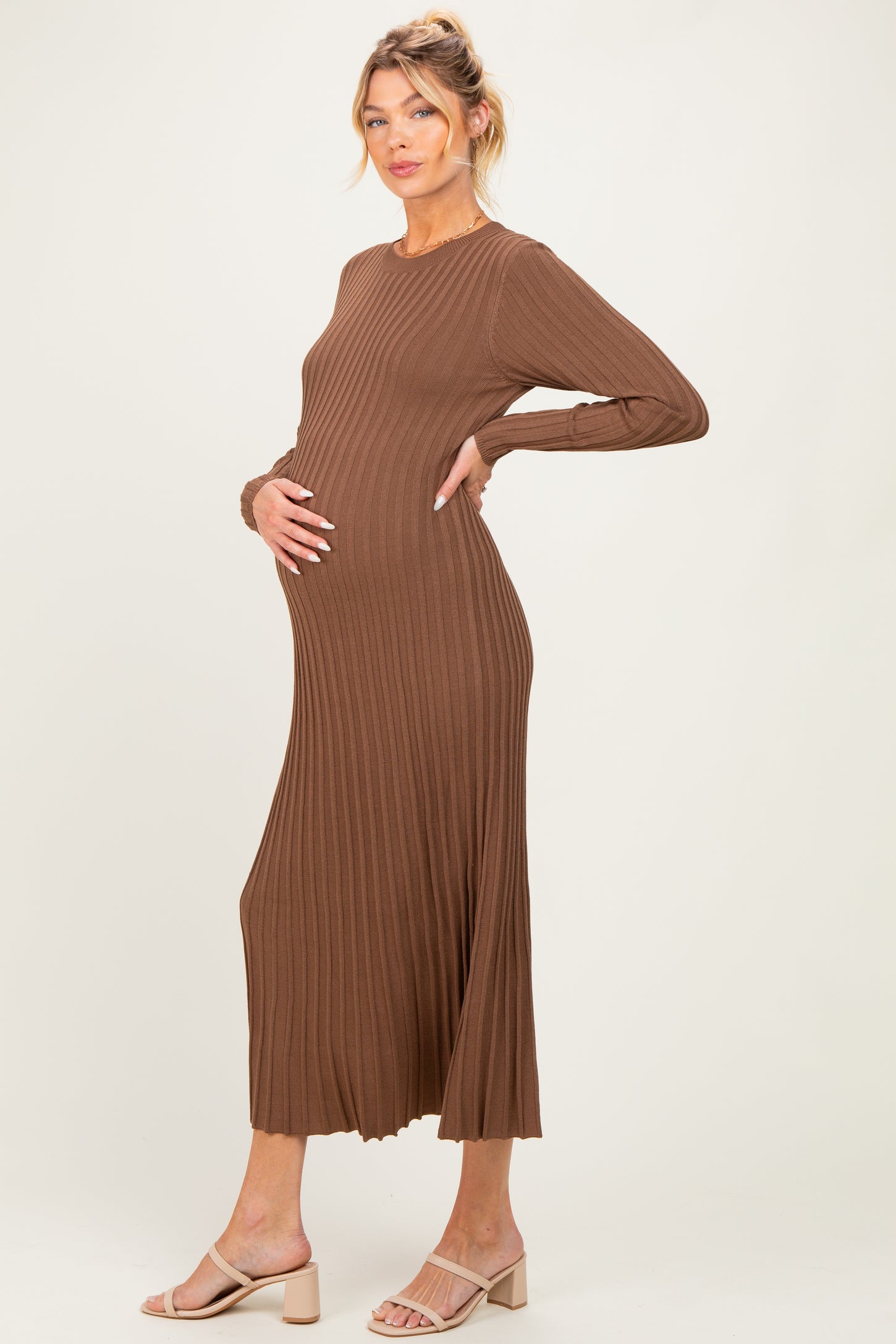Mocha Ribbed Long Sleeve Maternity Sweater Midi Dress
