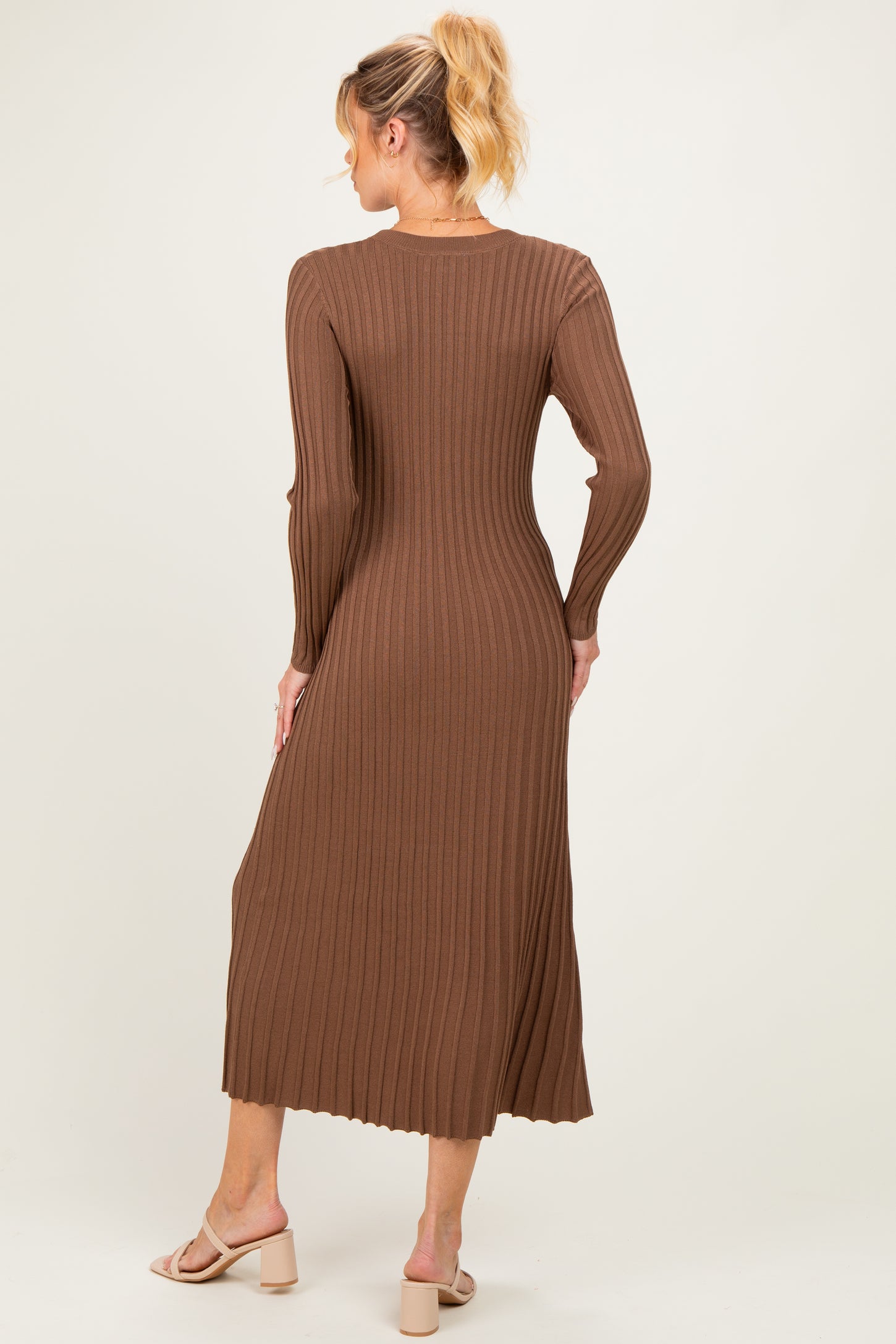 Mocha Ribbed Long Sleeve Maternity Sweater Midi Dress