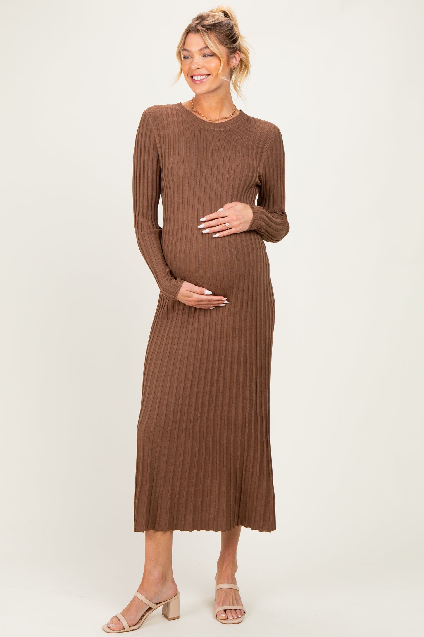 Mocha Ribbed Long Sleeve Maternity Sweater Midi Dress