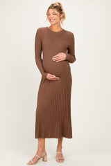 Mocha Ribbed Long Sleeve Maternity Sweater Midi Dress