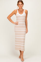 Oatmeal Shoulder Tie Striped Knit Maternity Maxi Dress