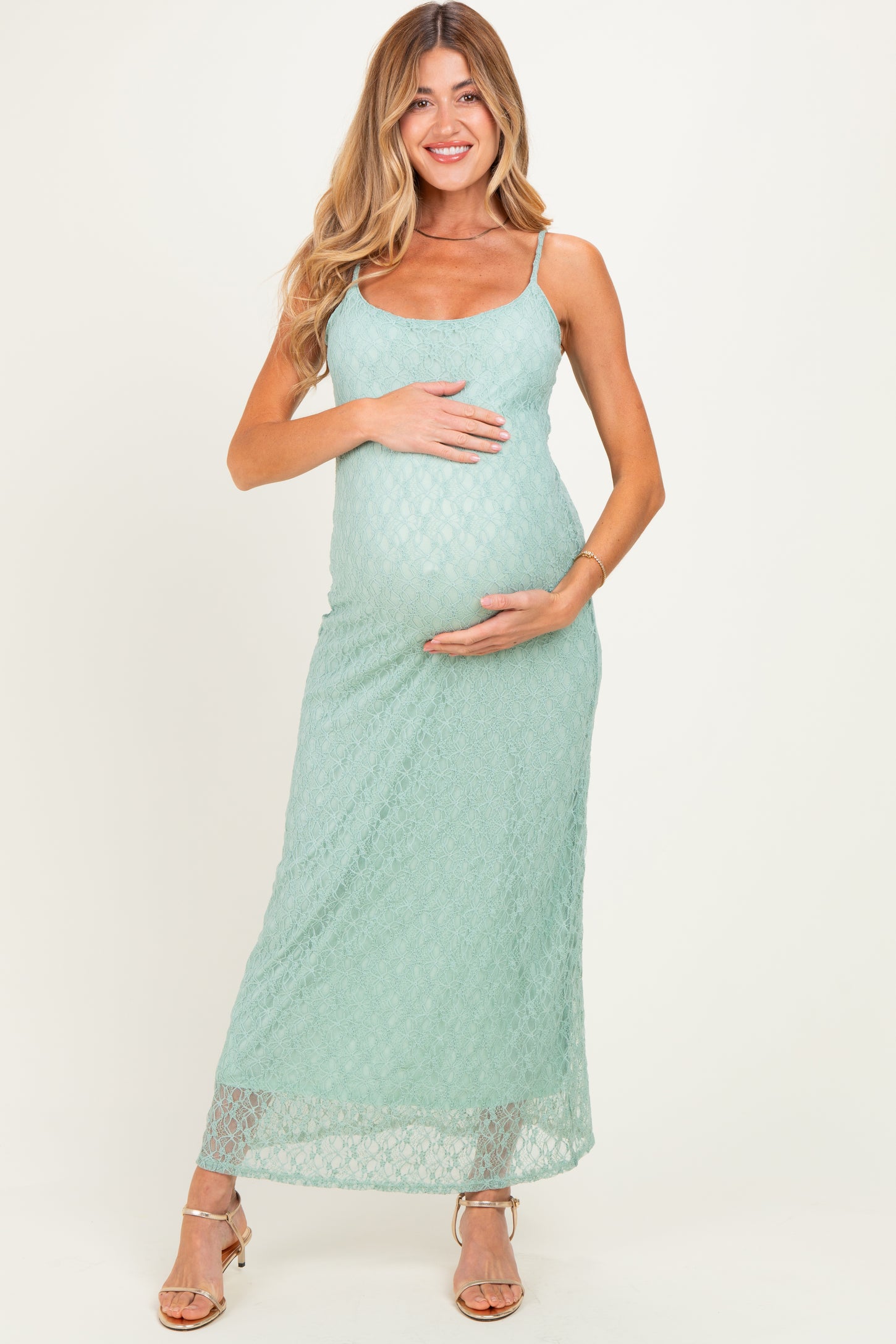 Sage Sleeveless Lace Square Neck Maternity Maxi Dress