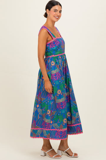 Navy Tropical Embroidery Midi Dress