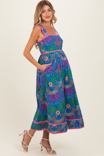 Navy Tropical Embroidery Maternity Midi Dress