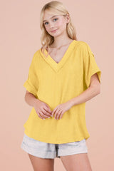 Yellow Ribbed Raw Hem Short Sleeve Top